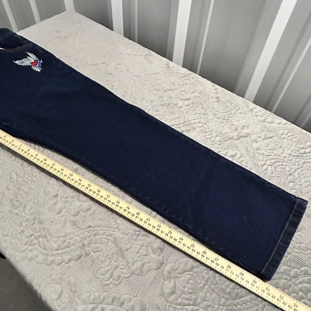 Paco Jeans Mens Dark Wash Embroidered Dove Heart Streetwear Straight Leg Jeans